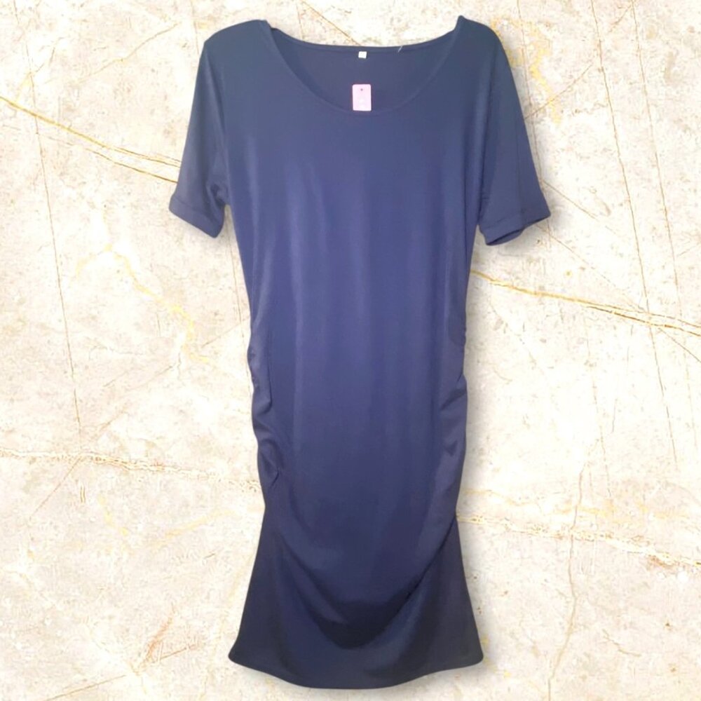 Womens Navy Ruched Maternity Dress‎ Short Sleeve Stretchy Slim Fit Casual Wear